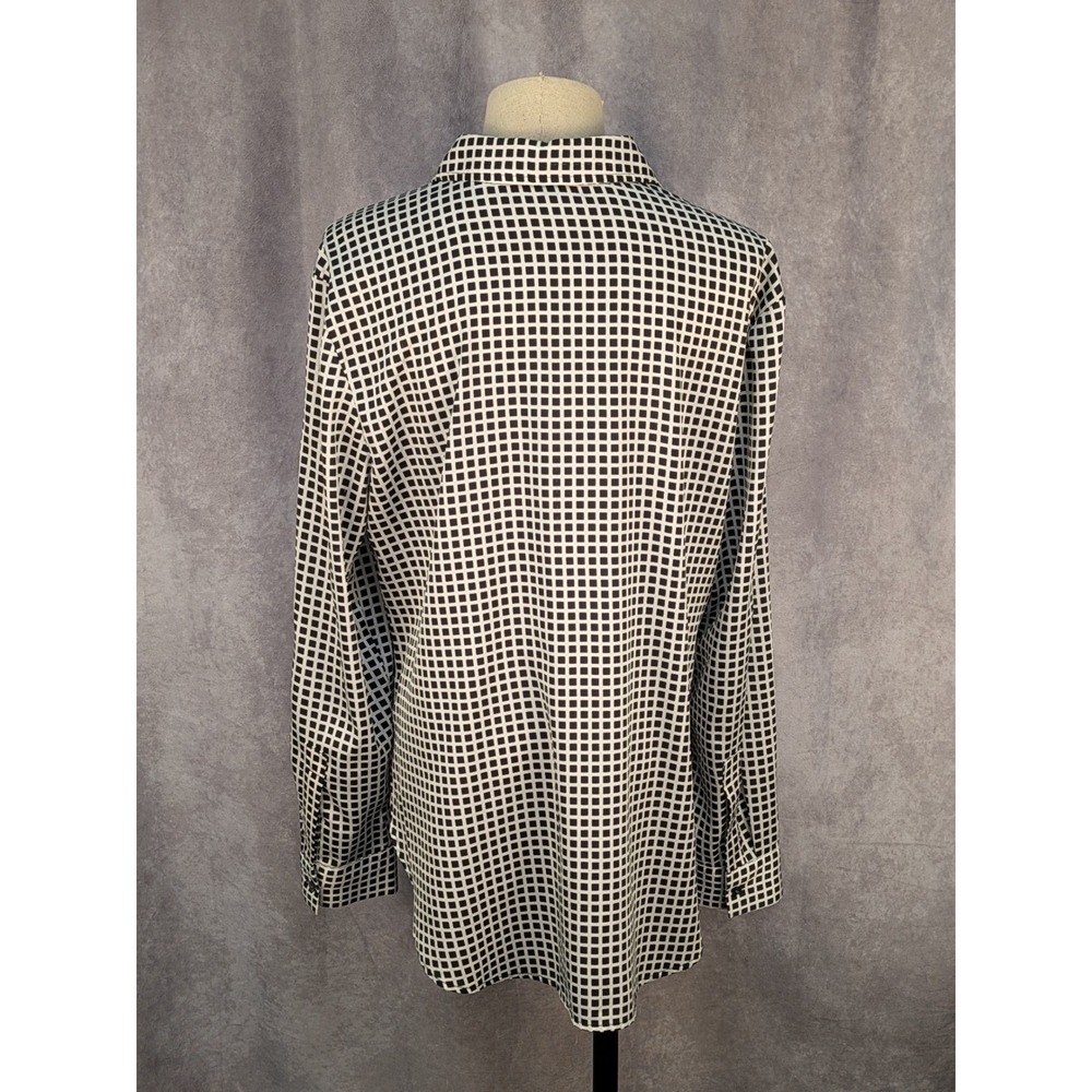 Ann Taylor Womens Medium Black White Geometric Grid Windowpane Button Blouse - Picture 2 of 3
